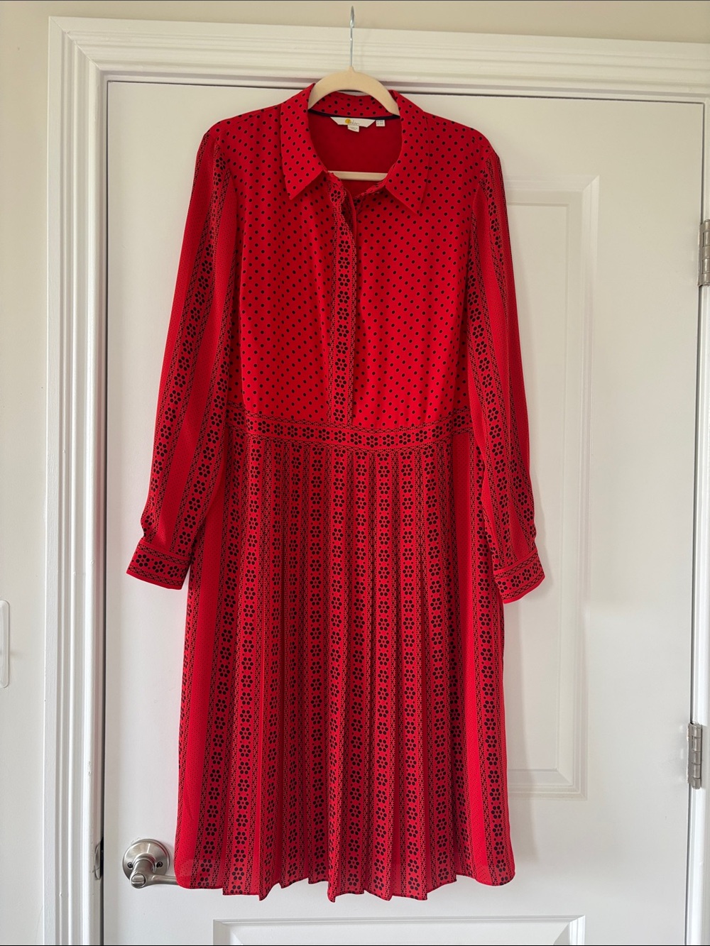 Boden Red Long Sleeve Pleated Shirt Dress